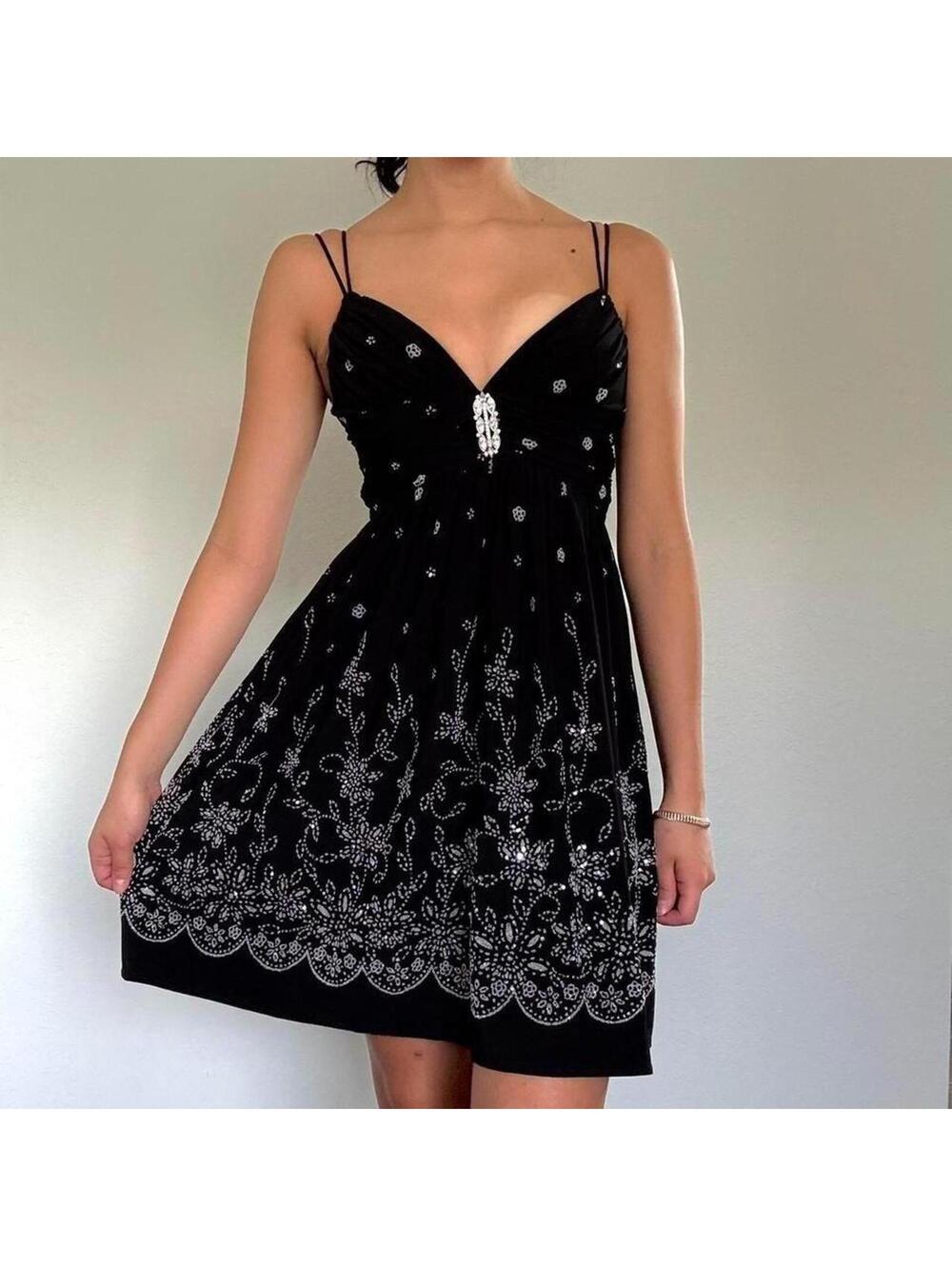 NWT Cache Black Beaded Mini Dress with Silver Floral Embroidery – Size 2